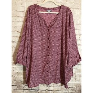 Catherines Top Womens 4X Maroon Red Ditsy Micro Floral Button Front Tie Sleeve